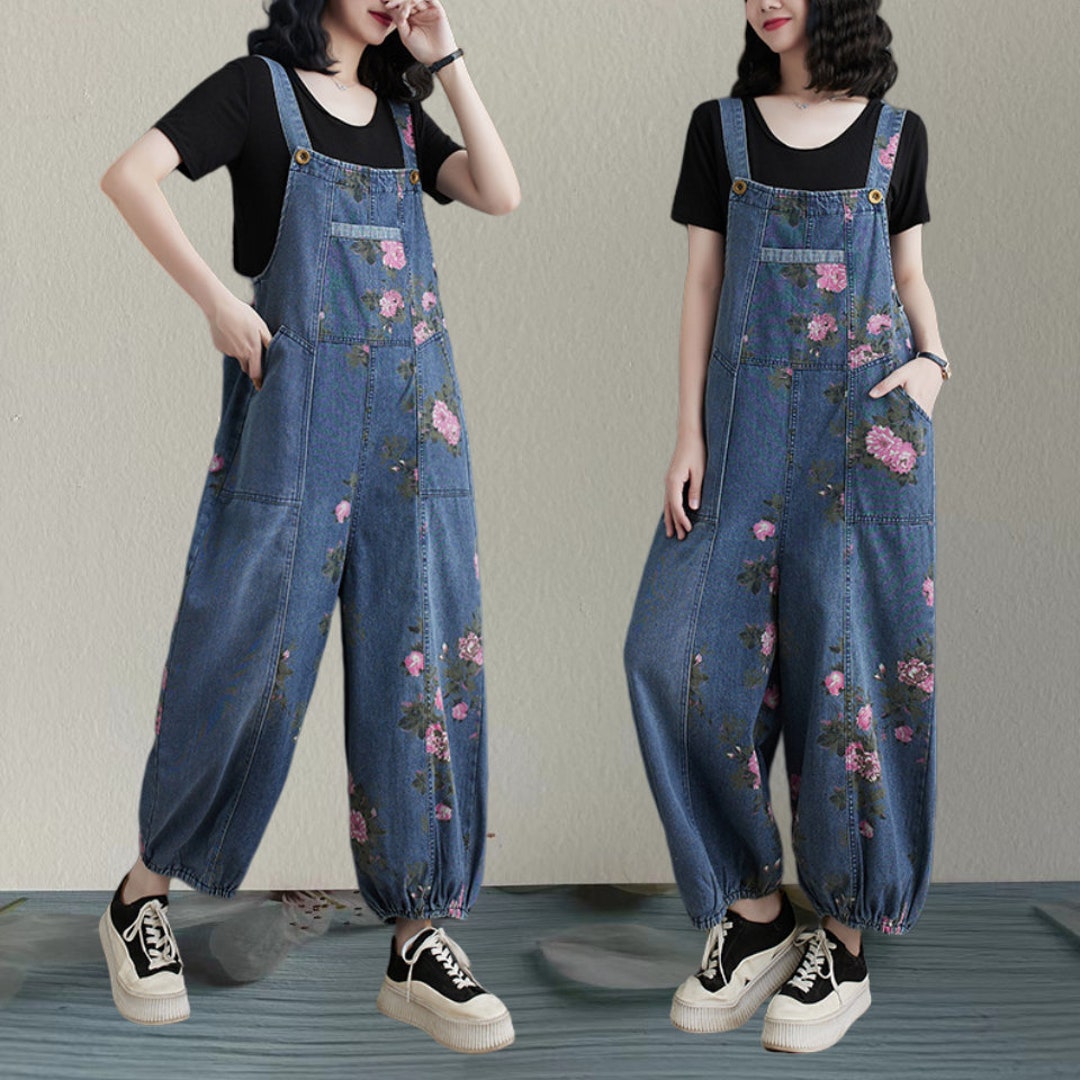 Baggy fit floral pattern women's denim overall main image 0