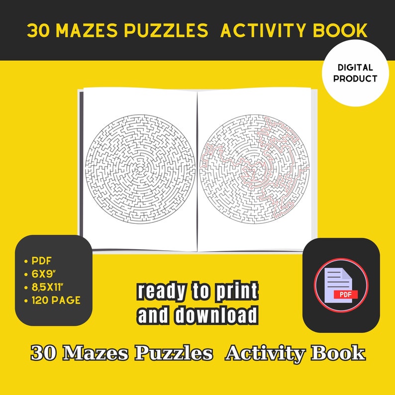 30 Maze Puzzles Activity Printable 100% Unique Design 8.5x11 Inches PDF ...