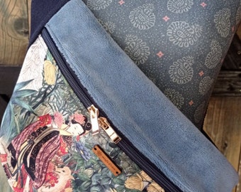 sac banane XL  motif japonais toile coton polaire bleu