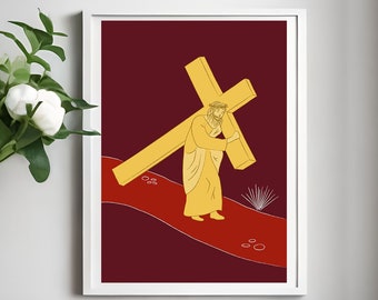 UTSKRIVBAR Jesus bär kors, korsstationer, Jesuskonstverk, katolsk utskrivbar, kristen konst, korskonstverk, Jesus nedladdningsdekor