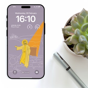 Puede incluir: Un teléfono inteligente que muestra un reloj digital con la hora 16:10, la fecha miércoles 28 de febrero y un gráfico de Jesucristo alejándose de una tumba. El teléfono tiene un fondo morado claro y un brillo naranja claro que emana de la tumba.