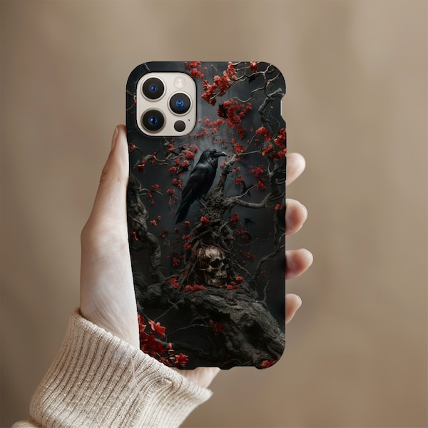 Goth Fantasy Raven Phone Case, Dark Academia Gothic Red and Black, Full Moon Skull Blossom, Faux Resin and Wood, iPhone, Samsung, Pixel