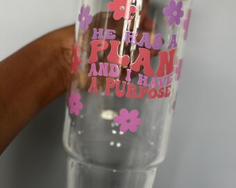 God Has A Plan Glass Tumbler: 40oz Iced Coffee Cup with Handle