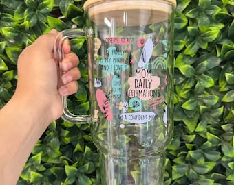 Mom Affirmations 40oz Glass Tumbler with Handle, Bamboo Lid & Straw