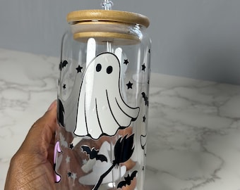 Ghost Halloween Glass Cup: Spooky Season Tumbler with Lid & Straw