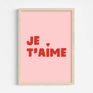 Je t'aime print in roze en rood, ik hou van jou in Franse muurkunst, afdrukbaar Valentijnsdecor, esthetische slaapkamerposter, Instant Download