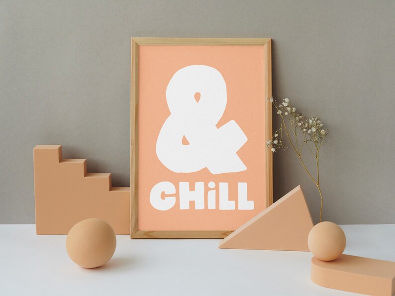 And Chill Peach Fuzz Typography Poster, Cozy Vibes Home Decor, Bold Statement Black Wall Art, Trendy Retro Quote Print, Preppy Download zdjęcie 8