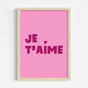 Je t'aime print in bessen en roze, ik hou van jou in Franse muurkunst, afdrukbaar Valentijnsdecor, esthetische slaapkamerposter, Instant Download