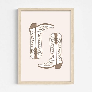 Boho Cowgirl Wall Art, White and Brown Cowboy Boots Print, Western Dorm Room Decor, Cute Apartment Poster, Girly Digital Download, Retro Art