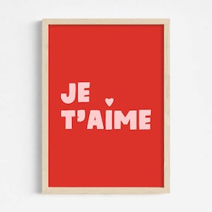 Je t'aime print in rood en roze, afdrukbaar Valentijnsdecor, ik hou van jou in Franse muurkunst, esthetische slaapkamerposter, Instant Download