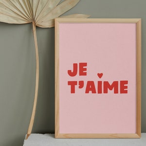 Je T’aime Print in Pink and Red, I Love You in French Wall Art ...