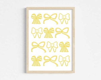 Preppy Bow Poster in Yellow and White, Coquette Room Decor, Balletcore Digital Print, Aesthetic Trendy Wall Art, College Apartment Decor