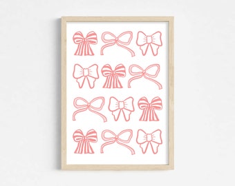 Preppy Bow Poster in Pink and White, Coquette Room Decor, Balletcore Digital Print, Aesthetic Trendy Wall Art, College Apartment Decor