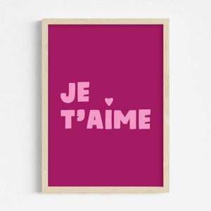 Je t'aime print in roze en bessen, ik hou van jou in Franse muurkunst, afdrukbaar Valentijnsdecor, esthetische slaapkamerposter, Instant Download