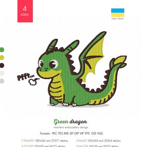 以下が含まれることがあります： 4つのサイズで緑色の漫画のドラゴン刺繍デザイン。ドラゴンは緑色で、黄色の翼と茶色の輪郭があります。デザインには「Pfft...」と「グリーン ドラゴン」のテキストが含まれています。