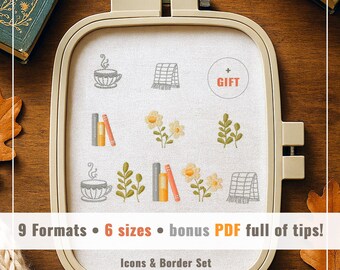 May include: An embroidery hoop with a white fabric featuring embroidered icons of books, flowers, a scarf, and a teacup. The text reads "Book Lover Machine Embroidery Design" and "Icons & Border Set". Includes 9 formats, 6 sizes, and a bonus PDF.