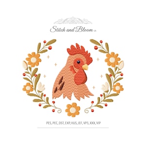 Hen Machine Embroidery Design – Farmhouse Floral Wreath Chicken Digital File (PES, DST, JEF)