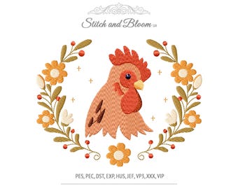 Henne Stickdatei für Maschine - Bauernhaus Blumenkranz Huhn Digitale Datei (PES, DST, JEF)