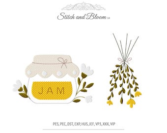 Kitchen Machine Embroidery Design, Jam Jar and Dried Herbs (Set 2) Digital File Farmhouse