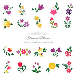May include: A collection of twenty distinct floral embroidery designs featuring various blossoms in shades of pink, purple, yellow, and red with green leaves. The text Stitch and Bloom UA and file formats PES, PEC, DST, EXP, HUS, JEF, VP3, XXX, VIP appear.