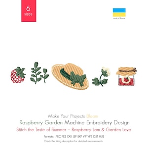 Peut inclure: Motif de broderie avec une framboise, des feuilles, un chapeau de paille avec un nœud vert, une fleur et un pot de confiture de framboises. Le texte indique "Make Your Projects Bloom" et "Raspberry Garden Machine Embroidery Design". Fabriqué en Ukraine.