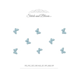 May include: Light blue butterfly embroidery designs scattered on a white background. The image includes the text "Stitch and Bloom UA" and file type abbreviations: PES, PEC, DST, EXP, HUS, JEF, VP3, XXX, VIP.