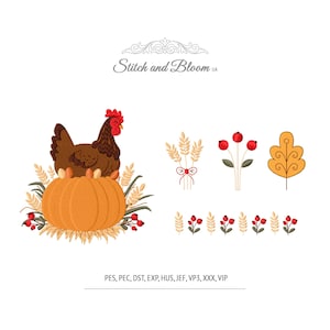 Hen Sitting on Nest Machine Embroidery Design, Fall Pumkin Chicken Bundle PES DST JEF etc Harvest Embroidery File for Kitchen Towels