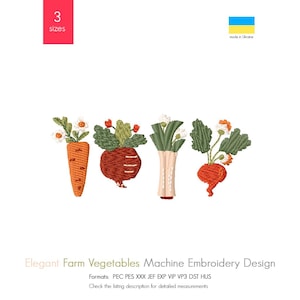 May include: Machine embroidery design featuring three farm vegetables: a carrot, a beet, and a leek. The vegetables are embroidered in a realistic style with detailed stitching. The design is perfect for adding a touch of country charm to your projects.