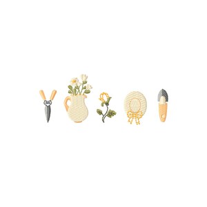 May include: A collection of embroidered garden-themed designs. Includes a pair of shears, a vase with flowers, a single flower, a sun hat with a bow, and a trowel. The designs are in shades of cream, yellow, green, and gray.