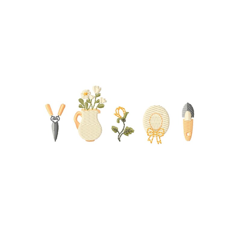 May include: A collection of embroidered garden-themed designs. Includes a pair of shears, a vase with flowers, a single flower, a sun hat with a bow, and a trowel. The designs are in shades of cream, yellow, green, and gray.