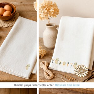 May include: White linen kitchen towels with embroidered floral and gardening tool designs. One towel has a single small design, while the other has a border of multiple designs. The text "Minimal jumps. Smart color order. Maximum time saved."