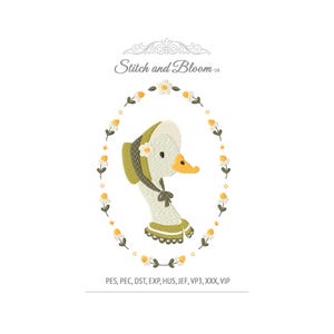 May include: An embroidered design featuring a goose wearing a bonnet and a bow, surrounded by a floral oval frame. The design is in shades of white, yellow, and green, with the text "Stitch and Bloom UA" at the top and file type abbreviations at the bottom.