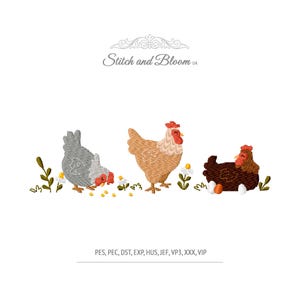 May include: Embroidered design featuring three chickens in various poses. One is gray and pecking, another is tan and standing, and the third is brown and sitting on eggs. The design includes small yellow flowers and green foliage. The text "Stitch and Bloom UA" is at the top.