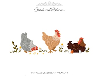 Süßes Hühner Trio Stickmuster, Bauernhof Henne Motiv (Instant Download)