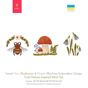 Woodland Embroidery Design Set – Bee, Mushroom & Flower Machine Embroidery Patterns – Cottagecore Nature Stitch Files – Instant Download