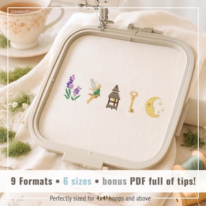 May include: An embroidery hoop with a cream-colored fabric featuring embroidered designs of lavender, a fairy, a lantern, a key, and a crescent moon. The text "9 Formats • 6 sizes • bonus PDF full of tips!" is displayed below the hoop.