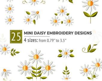 Könnte beinhalten: Eine Sammlung von 25 Mini-Gänseblümchen-Stickmustern mit weißen Blütenblättern, gelben Mitten und grünen Blättern. Der Text lautet 25 MINI DAISY EMBROIDERY DESIGNS 4 sizes: from 2 cm to 8.9 cm mit den Dateiformaten PES, PEC, DST, JEF, EXP, HUS, VP3, XXX, VIP.