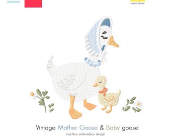 Mother Goose Embroidery Design, Moma Duck and Babie Vintage Farmhouse Machine File (Digital Download)