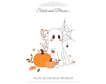 Ghost Pumpkin Embroidery Design, Autumn Fall Halloween Machine Embroidery File (Instant Download)
