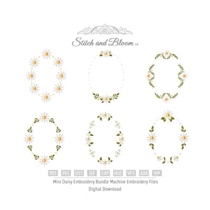 Può includere: Una collezione digitale di sei disegni da ricamo ovali con fiori di margherita bianchi con centri gialli e foglie verdi. Il testo Stitch and Bloom UA appare in alto, con i formati di file PES, PEC, DST, JEF, EXP, HUS, VP3, XXX, VIP elencati sotto.
