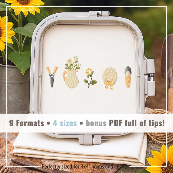 Cottagecore Garden Embroidery Design, Summer Icons for 4x4 Hoop (Instant Download)