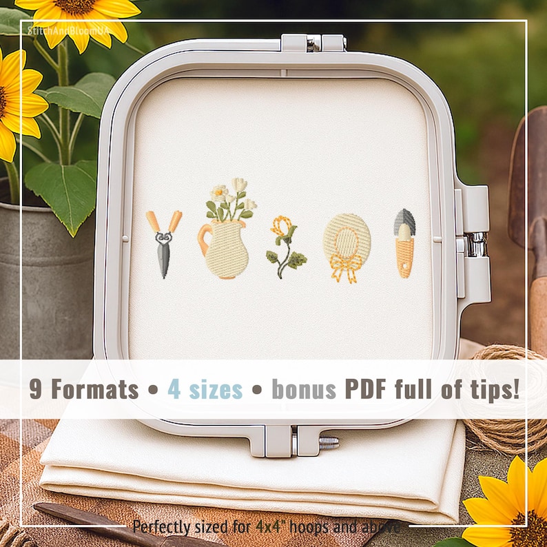 May include: An embroidery hoop with a white fabric featuring embroidered garden-themed designs: a pair of shears, a vase of flowers, a rose, a straw hat, and a trowel. The text reads: "9 Formats &bull; 4 sizes &bull; bonus PDF full of tips!" and "Perfectly sized for 4x4" hoops and above."