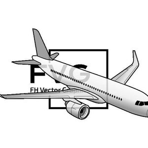 May include: A black and white illustration of a commercial aeroplane in flight. The aeroplane is a single-aisle, narrow-body aircraft with two engines. The illustration is simple and stylized, with a focus on the aeroplane's shape and form.