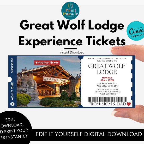 Great Wolf Lodge Experience Ticket l Editable Great Wolf Lodge Ticket l Surprise Reveal Trip Gift l Instant Download l Souvenir Ticket