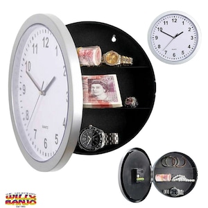 May include: A silver-rimmed quartz clock with a white face opens to reveal a hidden storage space. Inside, shelves display jewellery, banknotes, and a watch. The clock hands show approximately 10:09. Additional clocks are shown.