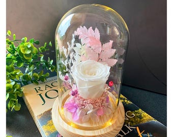 May include: A single white rose preserved in a glass dome with a wooden base and a string of lights. The dome is surrounded by pink and white dried flowers.