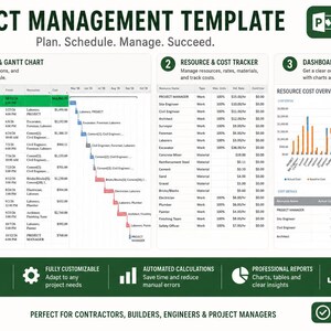Peut inclure: Modèle de gestion de projet avec un diagramme de Gantt, un suivi des ressources et un tableau de bord. Le modèle comprend des graphiques, des tableaux et des rapports. Le texte indique "Project Management Template" et est compatible avec Microsoft Project.