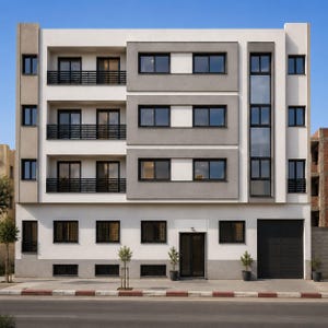 Könnte beinhalten: Ein modernes Mehrfamilienhaus mit weißer und grauer Fassade. Das Gebäude verfügt über schwarz gerahmte Fenster, Balkone mit schwarzen Geländern und ein schwarzes Garagentor. Kleine Bäume sind vor dem Gebäude gepflanzt.