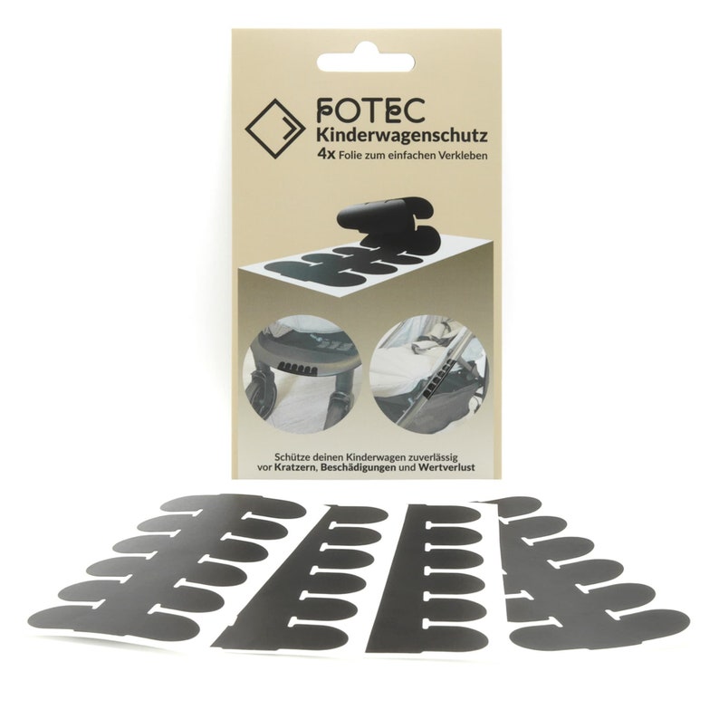 Puede incluir: Cuatro l&aacute;minas de pel&iacute;cula protectora negra para un cochecito. La pel&iacute;cula est&aacute; dise&ntilde;ada para ser aplicada f&aacute;cilmente y protege el cochecito de ara&ntilde;azos, da&ntilde;os y p&eacute;rdida de valor. El embalaje muestra un cochecito con la pel&iacute;cula aplicada al manillar y las ruedas.