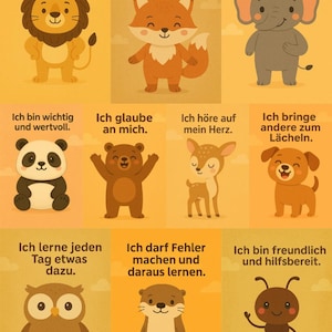 10 Affirmationskarten für Kinder zum selbst Ausdrucken - Motivation Achtsamkeit Ermutigung Kraft Selbstliebe Affirmation Karten Tiere Design